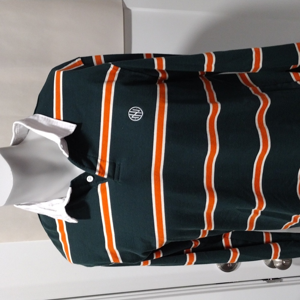 Ninth Hall mens white, orange and green striped cotton rugby shirt. Large